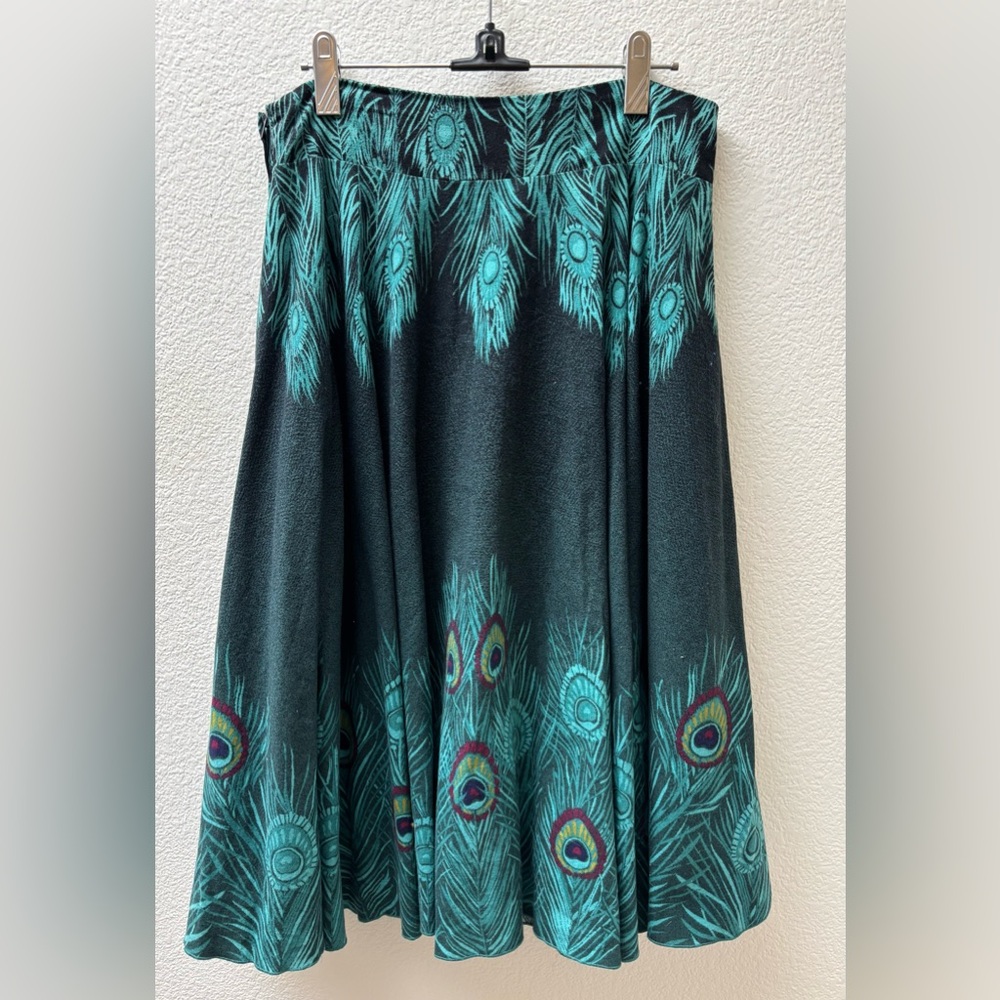 H&M peacock feather flare midi skirt size 6 turquoise green bohemian boho hippie - Picture 3 of 14
